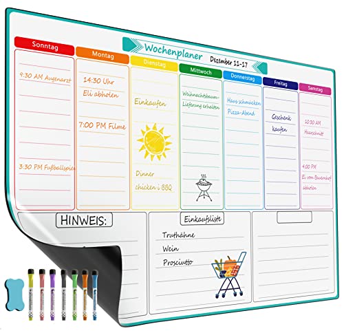 KTRIO A3 Magnetischer Wochenplaner für Haushaltsplan, Einkaufsliste, Essens- und Fitnessplanung. Nass & trocken abwischbares Whiteboard mit 7 Markern und Schwamm zum Aufhängen