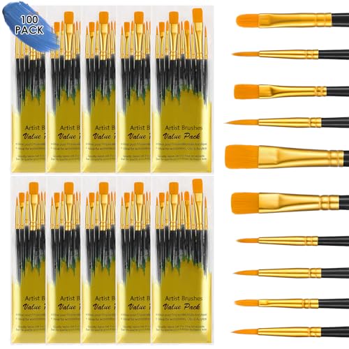 cobee Acryl-Pinsel-Set, 10 Packungen/100 Stück, Nylon, Haarkunst, Malerei, runde Spitze, Künstler, Bastelpinsel für Öl, Aquarell, Steinmalerei, Leinwand, Körper, Gesicht, Nagelkunst (schwarz)