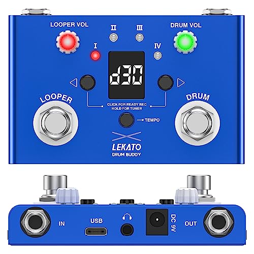 LEKATO Drum Looper Pedal mit Stimmgerät, 4 Loops, 11 Minuten Loop Pedal mit Drumcomputer 30 Trommeln mit App zum individuellen Bearbeiten und Speichern für E-Gitarre und Bass, Tempo klopfen