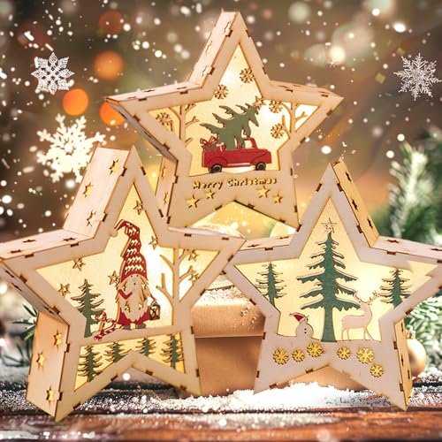 TEWWCEO LED Deko Holz Stern, 3 Stück Stern Holz Beleuchtet, Weihnachten Ornamente, Deko Sternlampe mit Schalter, Weihnachtsbaum Schneemann Rentier Weihnachtsdekoration Geschenke für Innendekoration