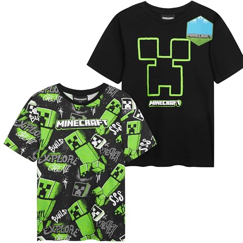 Get Trend Minecraft T-Shirts für Jungen Teenager 2er Pack Weich Atmungsaktiv Creeper Gamer Tshirt Kinder Geschenk (9-10 Jahre, Schwarz Minecraft 2 Pck)