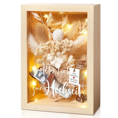 Hochzeitsgeschenke für Brautpaare, Geldgeschenke Hochzeit, Liebes Romantisches Geschenk Für Sie,inklusive Ewige Blumen, Holzbox, Kunststoff Reagenzglas, Lichterketten, Schlüssel Geschenkbox
