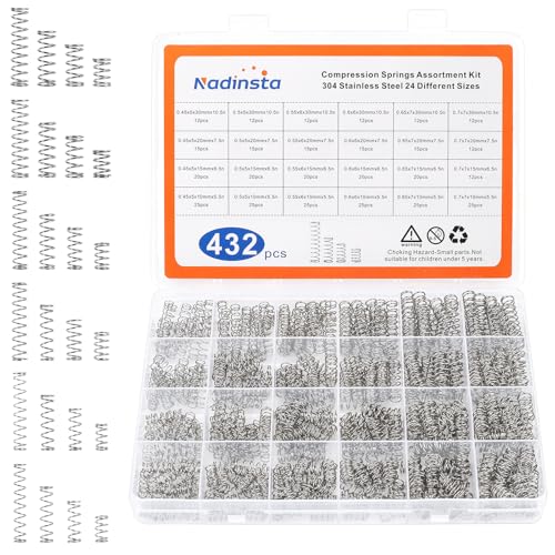 Nadinsta 432 Stück Druckfedern Sortiment, 24 Größen Edelstahl Druckfeder, Metall Spiralfeder Durchmesser, Längen 10mm 15mm 20mm 30mm, 6 Verschiedene Feder Zugfeder Sortiment für DIY Craft Repair