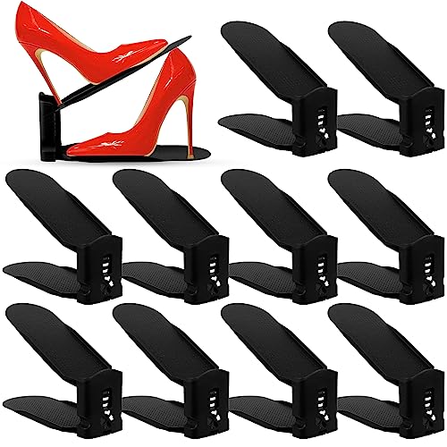 BEYAOBN 10 Stück Einstellbare Schuhregale PP-Material Schuhorganizer Doppelschicht Schuhregal 3 höhenverstellbar Platzsparendes Rutschfest Schuhstapler, Schuhschlitz Organizer（Schwarz）