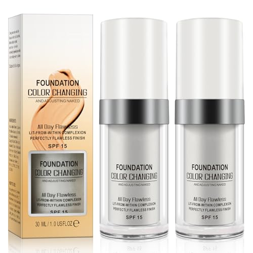2 Pack Color Changing Foundation, Farbwechselnde Foundation, Concealer Abdeckung Makelloses Color Changing Foundation Grundierung Versteckt Falten und Linien SPF15, Farbwechsel Grundierung Warm Skin