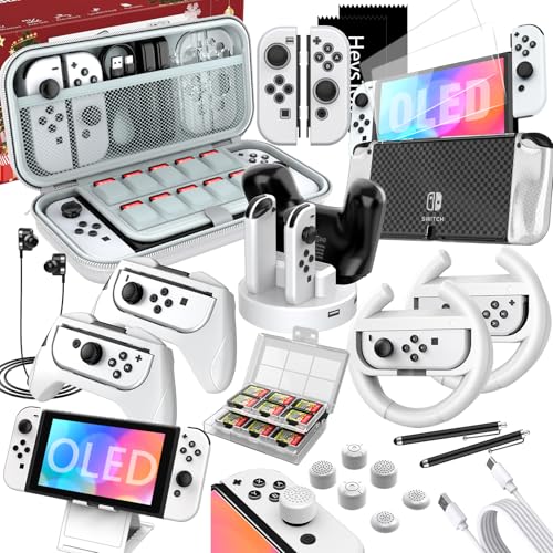 HSTOP Switch OLED Zubehör 27 in 1 Kompatibel mit Nintendo Switch OLED,Switch OLED Tasche Weihnachten Geschenk Bundle Kompatibel mit Nintendo Switch OLED Konsole mit Schutzhülle,Griff,Weiß