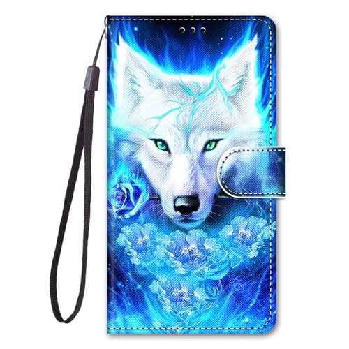 Rnrieyta Miagon Flip PU Leder Schutzhülle für Samsung Galaxy S24 Ultra,Bunt Muster Hülle Brieftasche Case Cover Ständer mit Kartenfächer Trageschlaufe,Rose Wolf