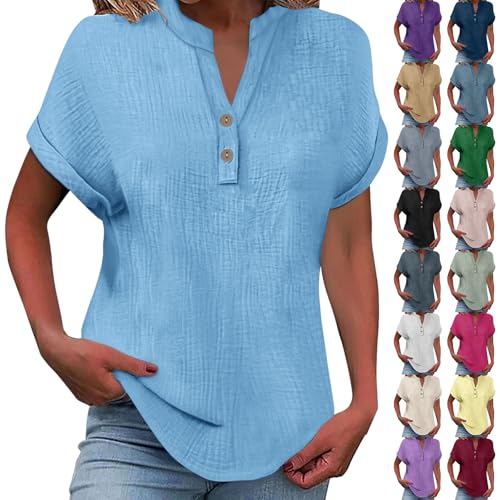 Tshirt Damen, Musselin Leinenbluse Damen 2025 Frauen Sommer Tshirt Baumwolle Leinen T-Shirt Knopf V-Ausschnitt Tunika Tops Casual Tshirts Trendy Strandkleid Bluse, himmelblau L