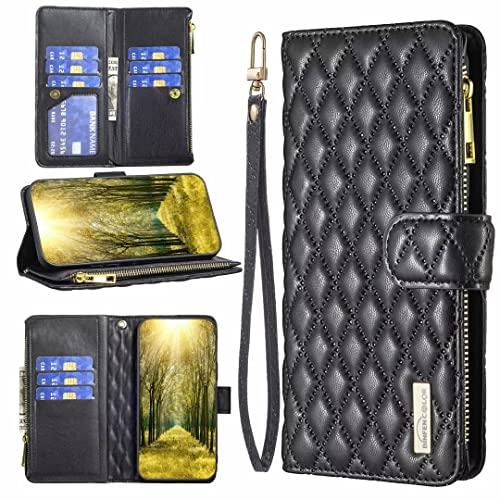 TTVV für Samsung Galaxy A54 5G Reißverschluss Hülle,Retro Rhombus Brieftasche Geldbörse Handtasche Armband Flip Magnetisch 9 Kartenhalter Ständer PU Leder Cover