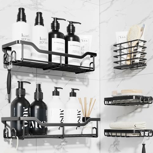 Kitsure Duschablage ohne Bohren - 5-teiliges Set, Vielseitiger Duschablage mit 16 Haken, Wasserdicht und Rostfreier Duschregal, Platzsparender Duschkorb für Küche und Badezimmer, 29.0 x 10.5 x 5.5 cm