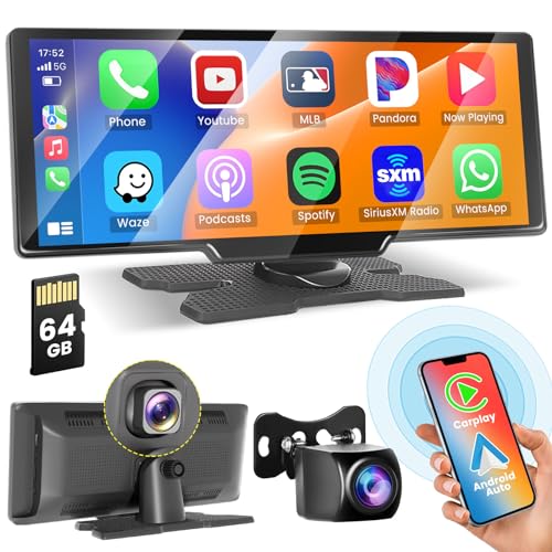 Wireless Carplay Android Auto Display mit 2.5K Dashcam Vorne, 1080P Rückfahrkamera, 9,3-Zoll Carplay Display mit Bluetooth, Mirror Link, FM Transmitter, AUX Kabel, 64 TF Karte