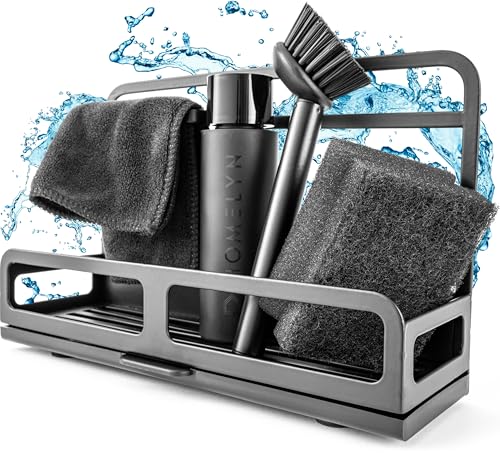 HOMELYN Spülbecken Organizer Set inkl. Spülbürste, Schwamm, Spülmittelspender & Lappen I Organizer Küche aus Edelstahl I Modernes Design, platzsparend, Abtropfschale I Zubehör jederzeit nachkaufbar
