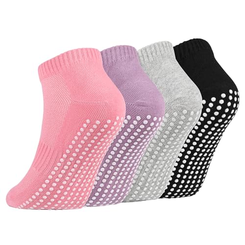 Newofview 4 Paar Stoppersocken für Damen Herren, Yoga Socken Antirutschsocken Rutschfeste Socken Grip Socken für Ballett, Pilates, Krankenhaus, Fitness (Baumwolle, Mehrfarbig A)