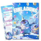 Vielucks® 15 x Filmgenre Einladungskarten - DIN A6 - Original - mit Aufkleber,Einladungskarten Kindergeburtstag Mädchen Junge,Geburtstagseinladungen,Party deko,Einladung Einschulung (Pinguin)