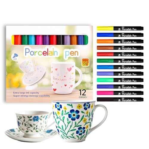 FloraVigo Keramikstifte, spülmaschinenfeste Porzellanstifte, 12 Farben wasserfest, Keramikmalset, geeignet zum Zeichnen von Mustern und Designkreationen auf Porzellan
