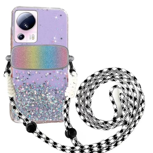 Tivenfezk Nadoli für Xiaomi 13 Lite Glitzer Handykette Hülle,Silikon Bling Durchsichtig Crossbody Tasche zum Umhängen Schutzhülle mit Telefon Clip Halter Band