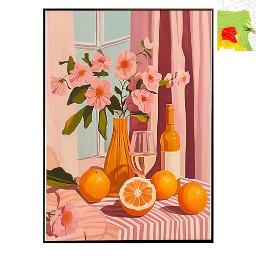 ILESTDG Paint by Numbers - DIY Ölgemälde-Set für Anfänger Ink, Pinsel & Farben Pinsel Geburtstagsgeschenk (Oranges Wine and Flowers)
