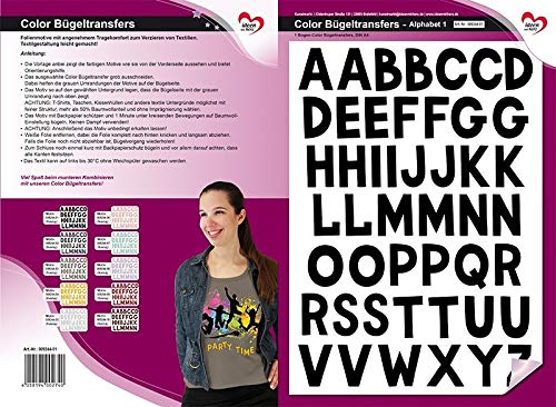 Ideen mit Herz Color Bügeltransfers, DIN A4, ABC, Alphabet | Buchstaben auf Transfer-Folien für Textilien wie T-Shirts & Taschen | Transfer-Bilder schnell & einfach aufbügeln | Textildesign (schwarz)