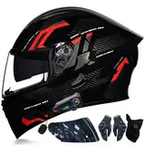 Bluetooth Motorradhelm mit Doppelvisier, Motorrad Herren Damen Modularhelm Klapphelm mit Dual-Lautsprecher-Headset Automatische Anrufannahme, Integralhelm Fahrradhelm ECE-geprüft