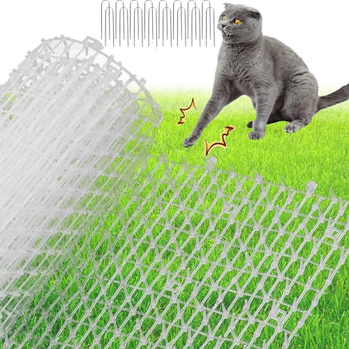 XFLYP Dornengitter Tier-Barriere, 400*30cm Katzen-Abwehrstreifen Tier-Barriere Katzenschreck Tierschreck, Anti-Katzen-Netzwerk Graben Stopper Prickle Strip Spike Matte mit 16 U-Förmig Erdanker(Weiß)