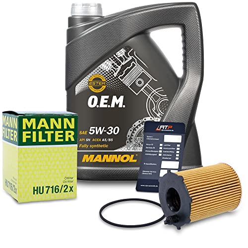 BESTPRICE Inspektionspaket Ölwechsel Filterset mit 1x MANN-FILTER Ölfilter, 1x MANNOL Motoröl 5W-30 5L, 1x Ölwechselanhänger