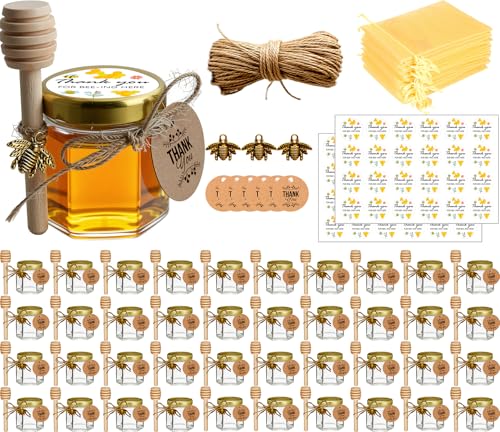 Kleine Honiggläser, Honigglas mit Honiglöffel, Kleine Gläser mit Bienen Anhänger, Mini Honigtöpfe mit Organzaband, Mini Gläser für Baby Feier, Hochzeit Gastgeschenk, 40 Stück 45ml