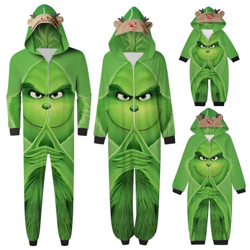 QWUVEDS Schlafanzug Weihnachten Grinch Pyjama Einteiler Pyjamas Sets für Familie, Niedlicher Weihnachts Einteiler Schlafanzüge mit Kapuze, Hausanzug Nachtwäsche für Damen Herren Kinder Baby 343