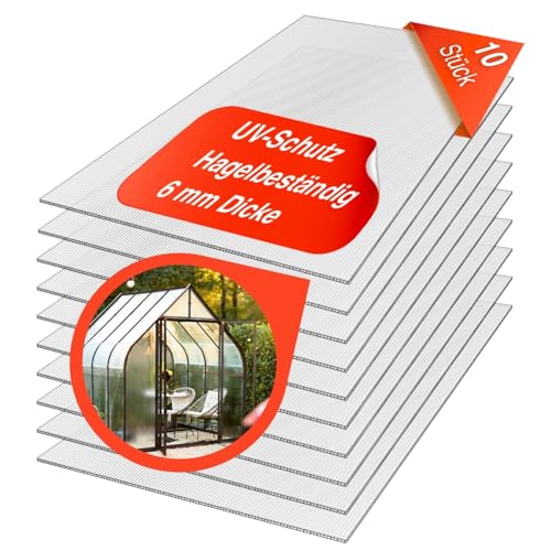 Exeta Gewächshausplatten 6 mm I Polycarbonat Hohlkammerplatten für Gewächshäuser I PC Doppelstegplatten UV-beständig & bruchsicher I ideal für Garten, Frühbeet & Carport I 10 Stk. I Transparent