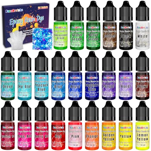 FansArriche Epoxidharz-Farbe – 24 Farben Harz-Farbstoff, durchscheinendes Epoxidharz-Pigment für die DIY-Schmuckherstellung, epoxy resin dye für Handwerk, Malerei, Schmuck – jeweils 10 ml