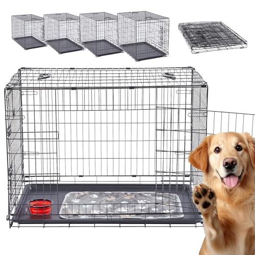 Arebos Hundekäfig 92,5 x 60 x 66 cm | Hundetransportbox Auto klappbar | Hundebox faltbar | Transportbox Hund mit 2 Türen | Hundekäfig für Zuhause inkl. Kuscheldecke + Napf | L Schwarz