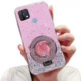 Tivenfezk Nadoli Sparkle Treibsand Ständer Hülle für Oppo Realme C21,Versteckt Ständer Ring Klar Glitzer Stern Handyhülle Durchsichtig Bling Schutzhülle Case Cover,Rosa