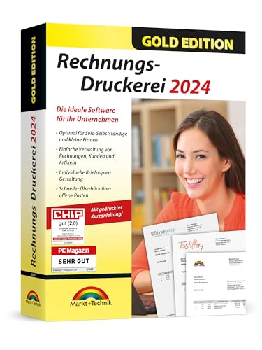 Rechnungsdruckerei 2024 Gold Edition – Rechnungsprogramm für Unternehmer, Handwerker, Kleingewerbe - Rechnungen mit eigenem Logo, Kunden und Artikel verwalten - kompatibel mit Windows 11, 10, 8.1, 7