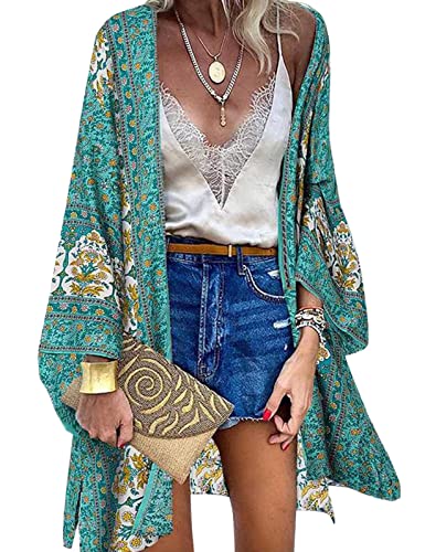 Vancavoo Strandtunika Damen Strandkleid Lang Sommer Pareo Strandtunika Blumendruck Strickjacke Boho Bikini Cover Up Lange Ärmel Strandponcho Beach Cardigan Bademode,Grün,M