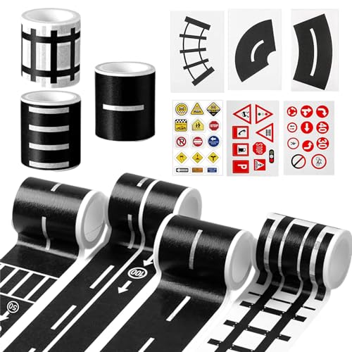 12 Stück Straßenbänder DIY Eisenbahn Straßenverkehrsband, Verkehrszeichen Aufkleber DIY Masking Autobahn Tape, Straßen Klebeband mit Verkehrsschildaufklebern für Wohnzimmer, Schlafzimmer, Freizeitraum