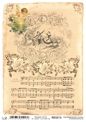 Josys Bastelmärchen Reispapier A4 Strohseide Decoupage Shabby Vintage Noten Rosen Engel RE0213