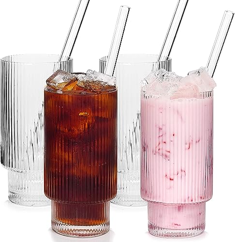 Gerippte Glaswaren-Set, 4 Stück, 350 ml, gerippte Glasbecher mit Glasstrohhalm, geripptes Saftglas, geriffelte Glaswaren, gerippte Trinkgläser für Margaritas, Whiskey, Smoothie, Eis, Bier, Geschenk