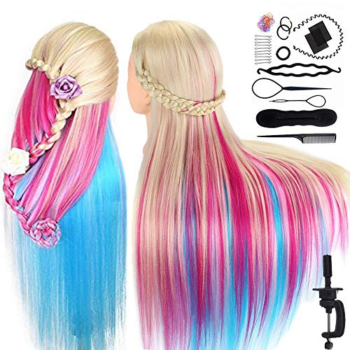 TopDirect 75cm/29.5 Zoll Trainingsköpfe für Friseure Übungskopf Friseurkopf Friseursalon Puppenkopf Friseur Mannequin kopf 100% Synthetisches Haar mit Tischhalter + Haar Styling Braid Set