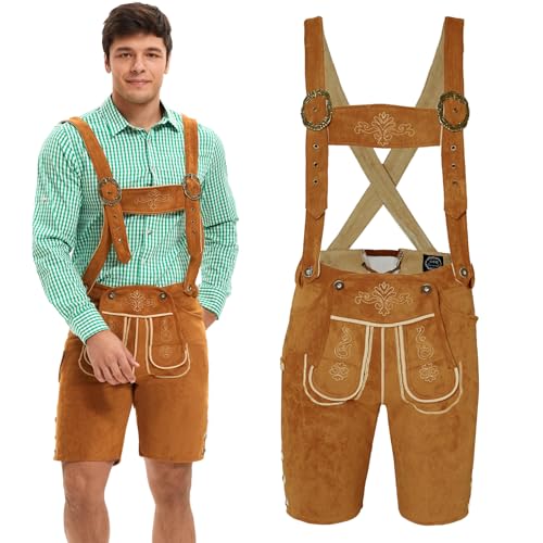 Adisno Lederhose Herren, Trachtenhose Herren, Oktoberfest Lederhose Herren Oktoberfest Outfit Herren Halloween Dress Up Party (54, Gelb-braun)