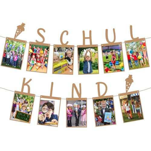 Schulkind Fotogirlande, Einschulung Deko, Kraftpapier Fotobanner, Hängende Wanddekoration für Jungen Mädchen Schuleinführung Schulanfang Schulstart Dekoration