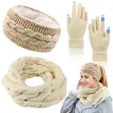 Schal, Stirnband & Handschuh-Sets für Damen, Loop Schal Damen,Warme Verdicken Stirnband Mädchen Winter,Touchscreen Handschuhe Damen Winterschal Kombi Ohrenwärmer Set Damen Geschenk Winterzubehör