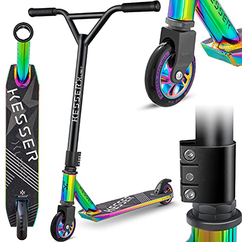 KESSER® Stunt Scooter X-Limit - 360° Lenkung Robuster Funscooter Stuntscooter mit ABEC 9 Kugellagern, 100 mm PU Räder, Kickscooter Tretroller Cityroller Trick Roller für Kinder Erwachsene, Rainbow