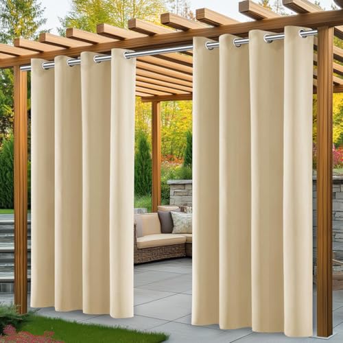 PITMT Outdoor Vorhang Wetterfest, 2er Stück Set Outdoor Vorhänge Wasserdicht mit Ösen Oben, Sonnenschutz Sichtschutz outdoorvorhänge für GardinenTerrasse Balkon Pavillon pergola(132 * 215cm, Beige)