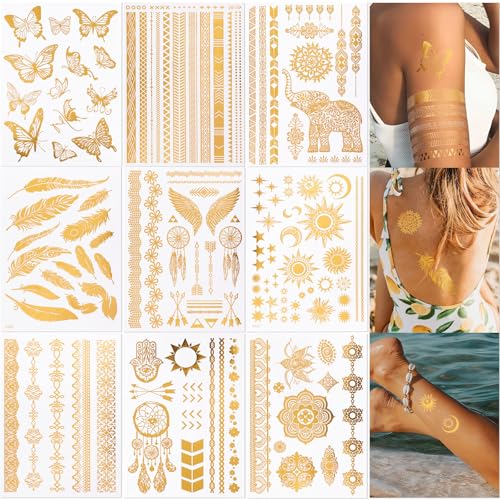 Glitzer Gold Temporäre Tattoos zum Aufkleben Damen Flash Tattoos Metallic Festival Accessoires Party Zubehör Frauen Mädchen Haut Klebetattoos Erwachsene Halloween (Gold)