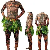 Springcmy Familien-T-Shirt für Herren und Kinder, Moana Maui, Tattoo-T-Shirt/Hose mit Blätterrock, Halloween, Cosplay-Kostüm für Erwachsene, Braun (Erwachsene), XL