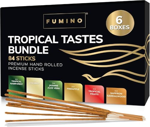 Fumino Räucherstäbchen Set Tropische Geschmäcker Multipack - Entspannung & Meditation mit Handgefertigten Räucherstäbchen & Masala Agarbatti Joss Duft - 6 Räucherstäbchen Probierset Boxen, 84 Stäbchen