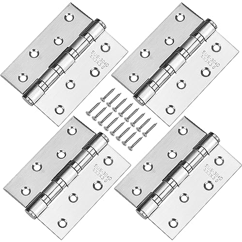 HATANSE 4 Stücke 304 Edelstahl Scharniere 10cm x 7.5cm Groß Schwerlast Türscharnier mit 32pcs Schrauben für Massive Türen Innen Außen Silber