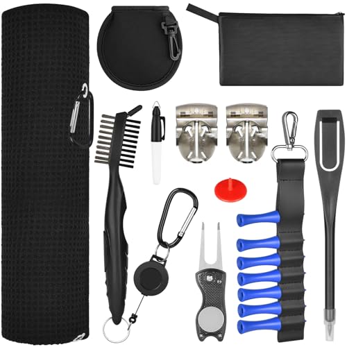flintronic 18-in-1 Golf Zubehör Kits, Mikrofaser Golf Handtuch, einziehbare Golfschläger Reinigungsbürste, Faltbare Golf Pitchgabel Set, Golfball-Linien-Zeichnungsmarkierungs-Kits, Golf Tees