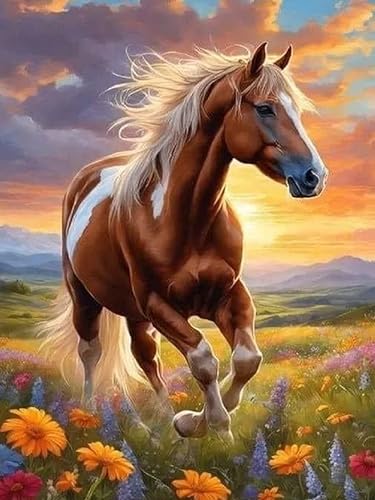 croshom 5D Diamond Painting Bilder Set Horse Diamond Painting, Blumen Diamond Painting Erwachsene, DIY Full Round Diamond für Home Wall Decorations 30x40 cm