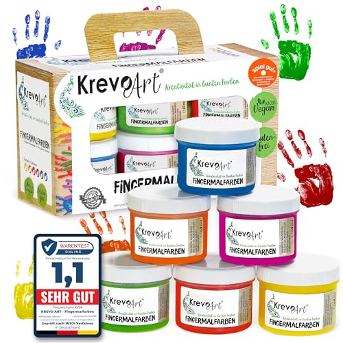 Krevo Art Fingermalfarben – ungiftige & auswaschbare Fingerfarben für Kinder ab 2 Jahre, 6 leuchtende Farben je 60ml, vegan & geruchlos – inkl. kreativer Malvorlagen für extra Malspaß!