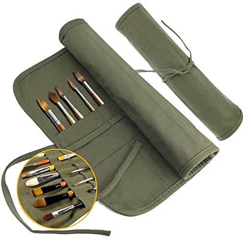 skytowards 22 Fächern Stifterolle Rollmäppchen Leinwand Pinseltasche 40x 33CM Stifteetui Rolle Stiftehalter Tasche Pinsel Etui Case Armee Grün pinselmappe Pinselrolle für Künstler Skizzierung